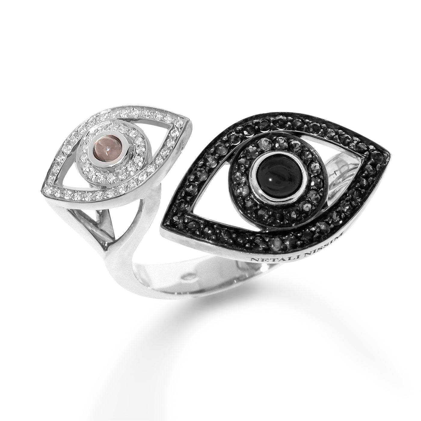 Double Eye Ring with Black and White Diamonds