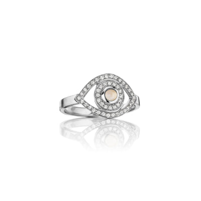 Mini Eye Ring in White Diamonds in 18K Gold with Rose Quartz, Turquoise