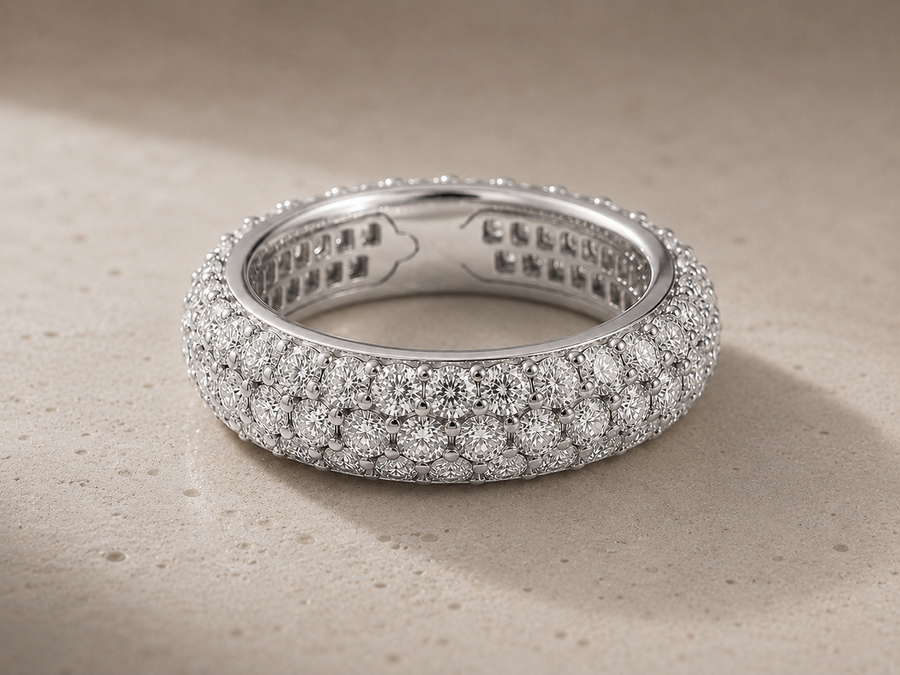 Diamond Pavé Eternity Band | 3-Row Round Brilliant | 18K Gold