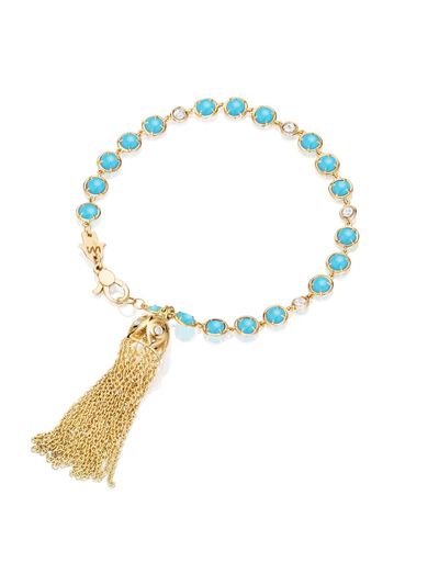 Bazel Bracelet with Eye Tassel in 18K Gold with Onyx, Rhyolite, Turquoise