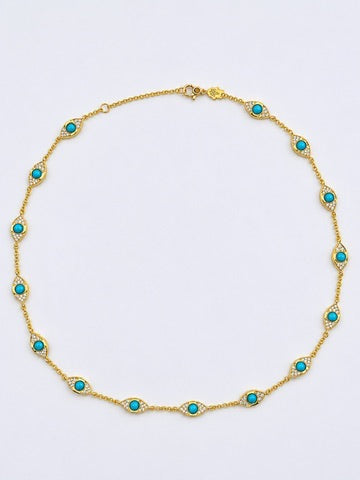 Turquoise Eye Station Necklace in 18K Yellow Gold with White Diamonds