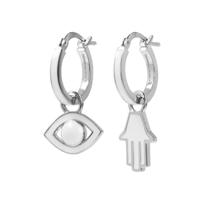 Small Hoops with Eye and Hamsa, white enamel, white rhodium
