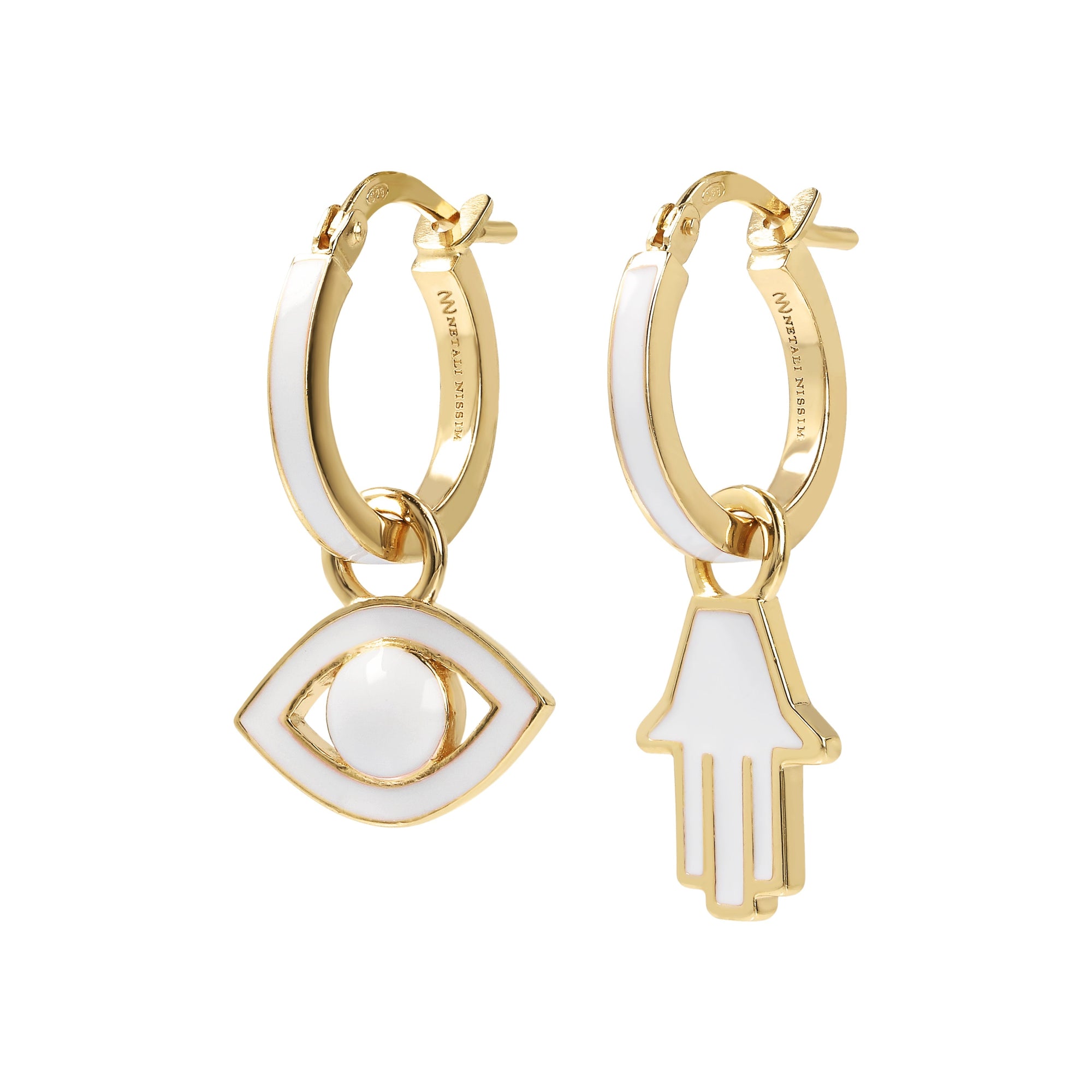 Small Hoops with Eye and Hamsa, white enamel, yellow gold