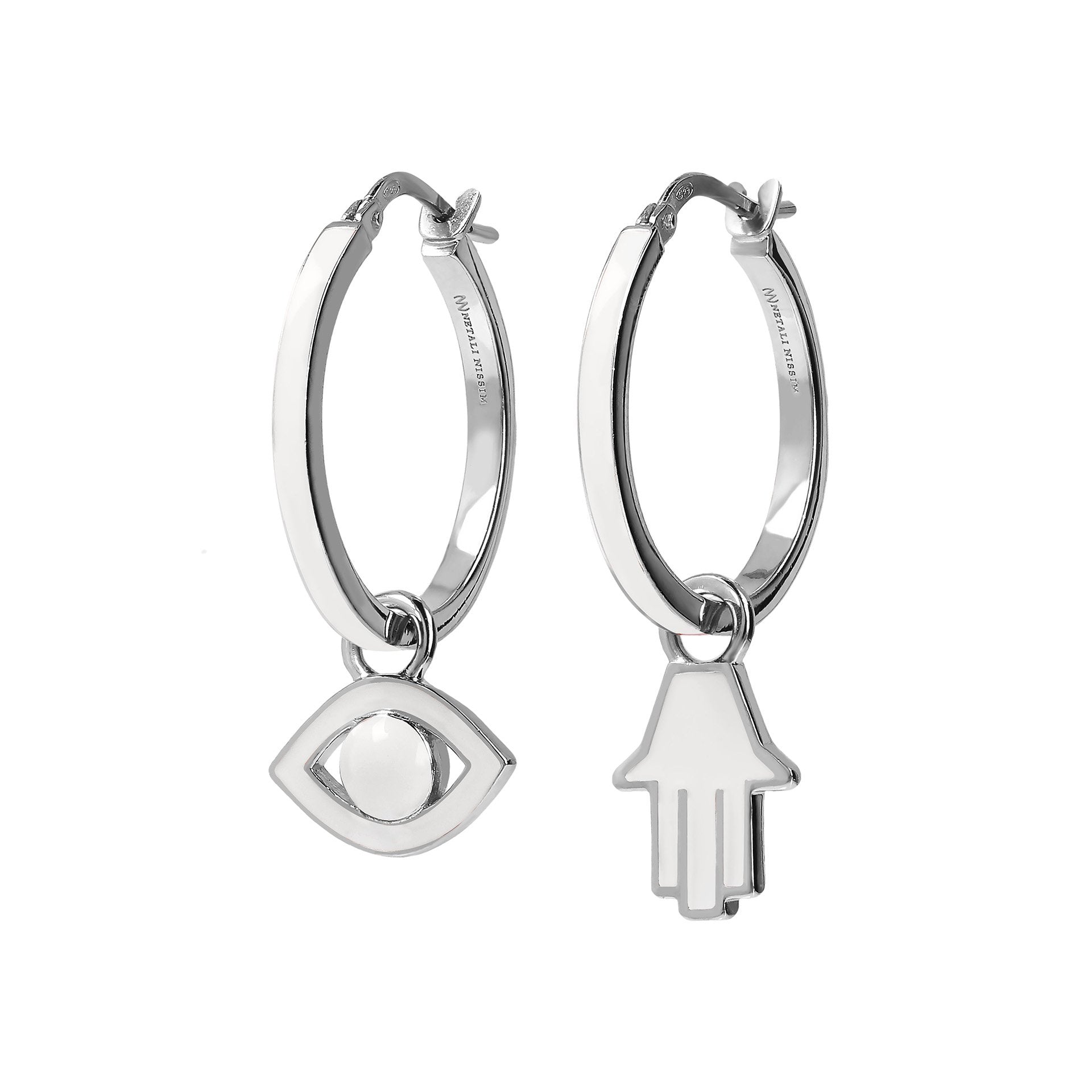 Large Hoops with Eye and Hamsa, white enamel, white rhodium