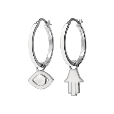Large Hoops with Eye and Hamsa, white enamel, white rhodium