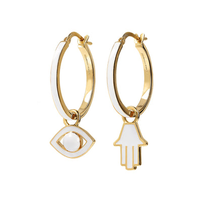 Large Hoops with Eye and Hamsa, white enamel, yellow gold