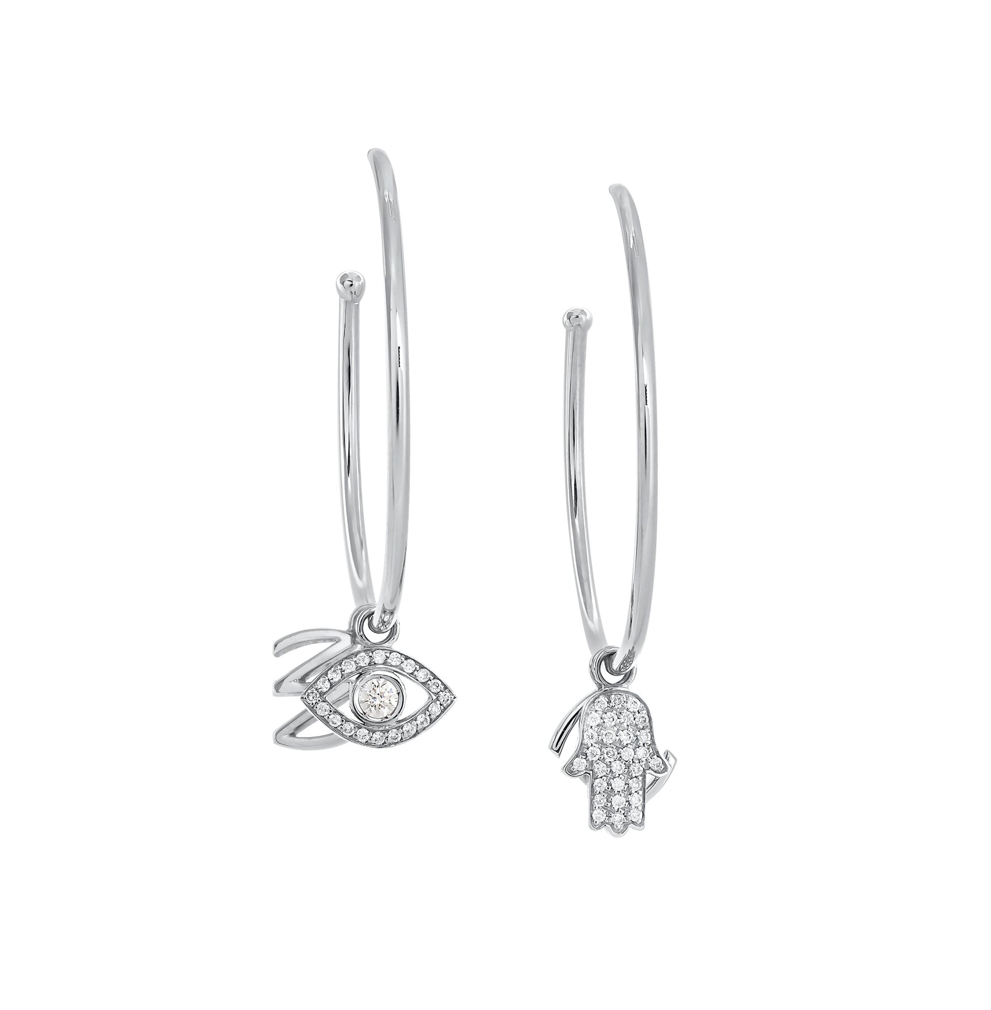 Hoop Earrings with single charms in 18K Gold with White Diamonds