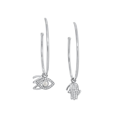 Hoop Earrings with single charms in 18K Gold with White Diamonds