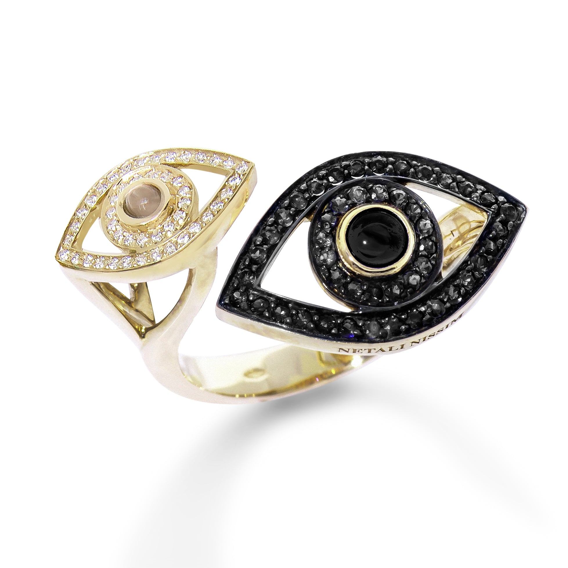 Double Eye Ring with Black and White Diamonds